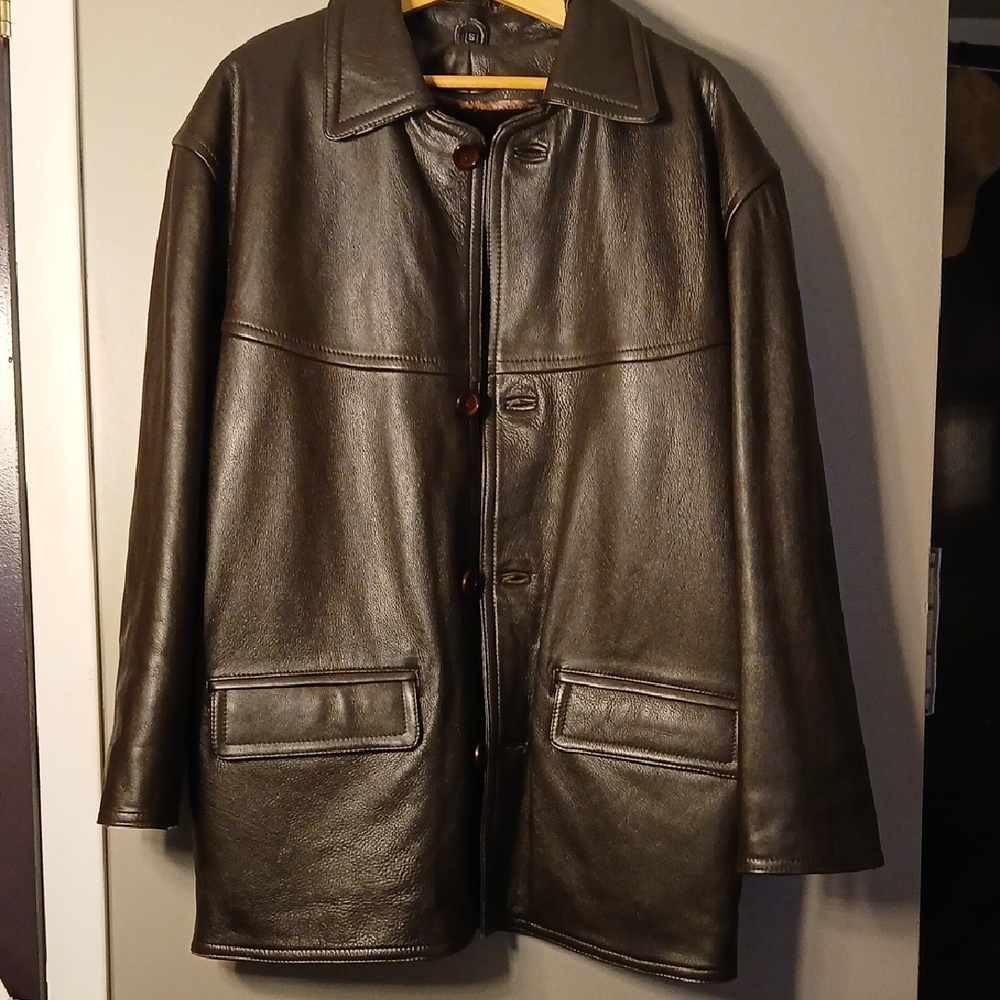 Men's Vintage Heavy Brown Leather Jacket Size Small Detachable Faux Fur Lining